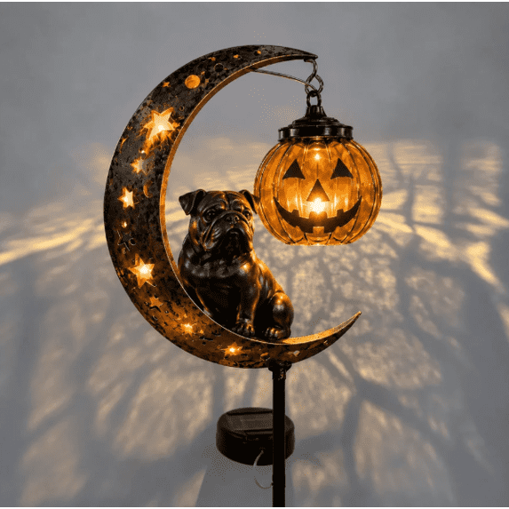 Halloween Garden Stake Light with Dog & Pumpkin, Solar Powered Outdoor Yard Decoration, Warm Amber Auto Dusk‑On Light for Walkway Garden Porch
