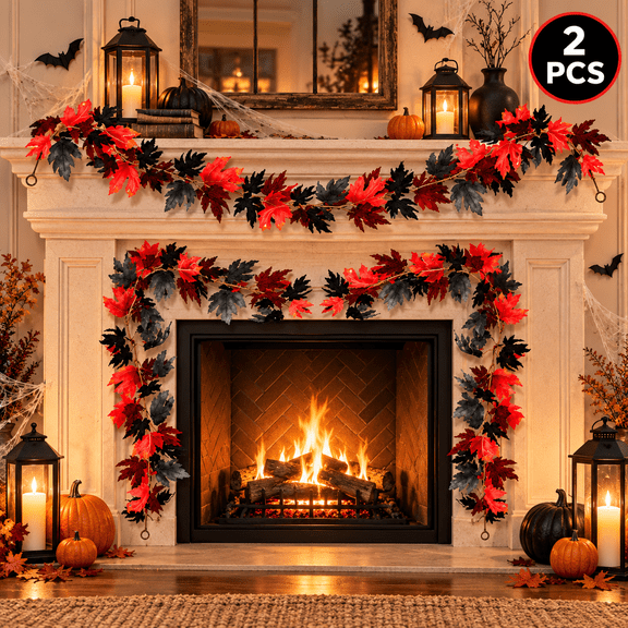 Halloween Garland 2 Pcs 11.2 Ft Black Maple Leaf Artificial Vines for Mantel Doorway Thanksgiving Decor, Black Red