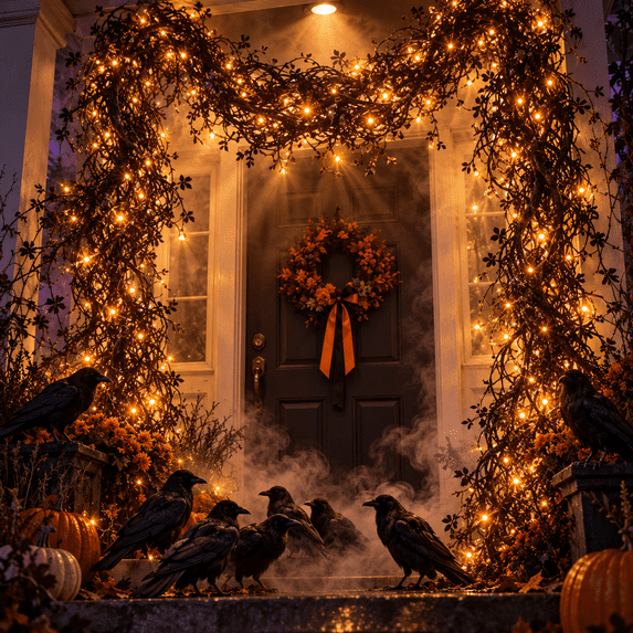 Halloween Garland, 5.9FT LED Battery Operated Artificial Vine for Door, Window and Fireplace, Gothic Halloween Home Decor, Design A, Black