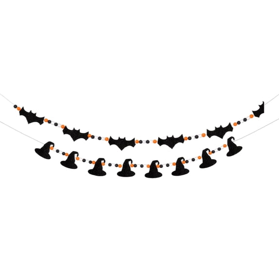 Halloween Garland Banners, Felt Witch Hat and Bat Cut Hanging Decorations, 2 Pack 78.7 Inch Decor for Indoor Outdoor Halloween Party