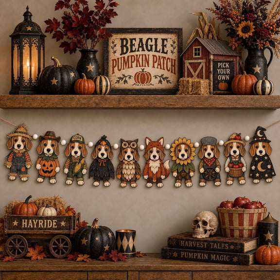 Halloween Garland Beagle Pumpkin Patch Costumes, Wooden Mantel Hanging for Dog Lovers