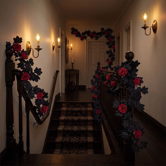 Halloween Garland Black Maple Leaf Red Rose Gothic Decor for Archway Party Mantel Fireplace Halloween Home Decorations by PALIFEUR