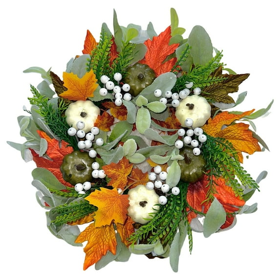 Halloween Garland Fall Maple Leaf White and Green Pumpkin Wreath Simulation Green Plant Rattan Ring Halloween Thanksgiving Decoration Door Hanging Garden Fence Hanging Ring