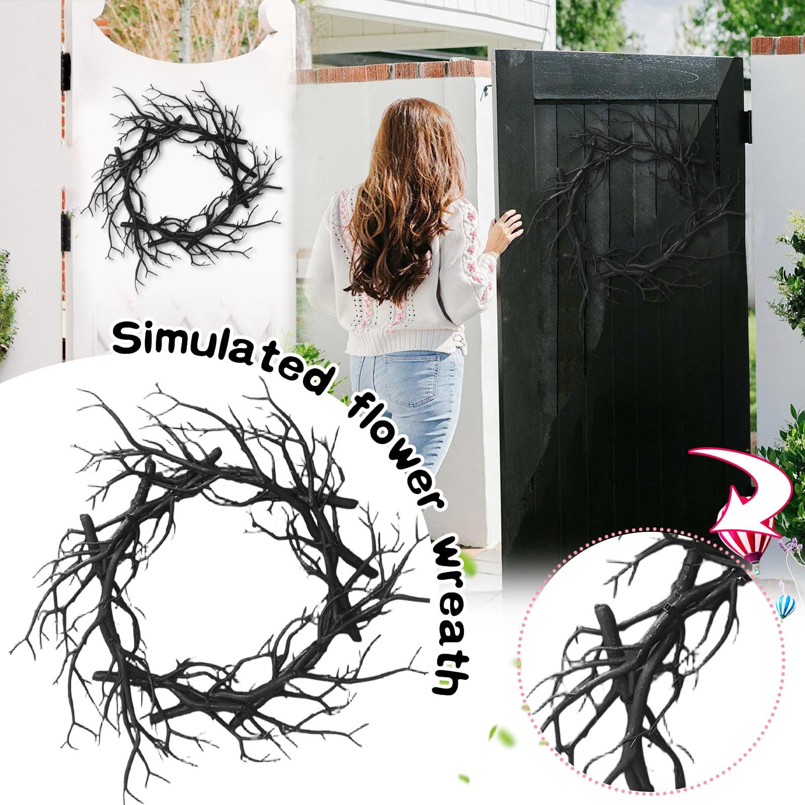 22 Inch Halloween Wreath For Front Door - Black With Pumpkin, Pink Roses & Skeleton Hand, Indoor/Outdoor Wall Decor