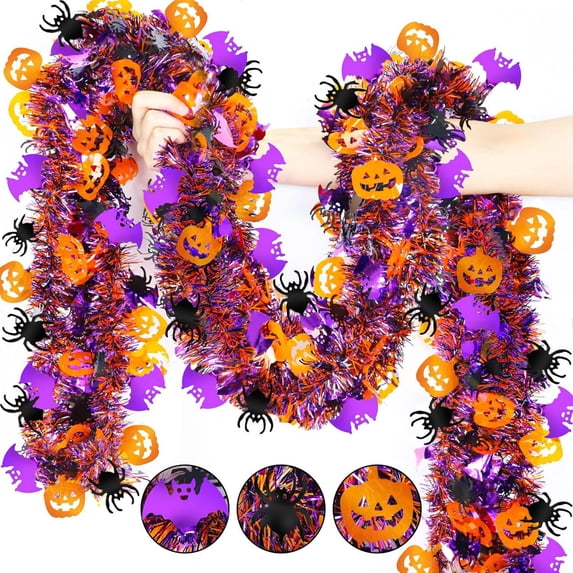 Halloween Garland Decorations,2m Glitter Tinsel Pumpkin Bats Spider Garland Decor for Tree Car Golf Cart Parade Float Indoor Outdoor Holiday Home Burnt Orange Black Purple