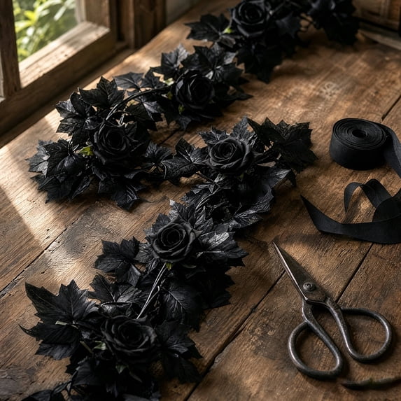 Halloween Garland Decorations, Artificial Black Maple Leaf Garland with Red Roses, Halloween Gothic Silk Flower Hanging Decor for Fireplace Stairs Table Party, 173cm/68in