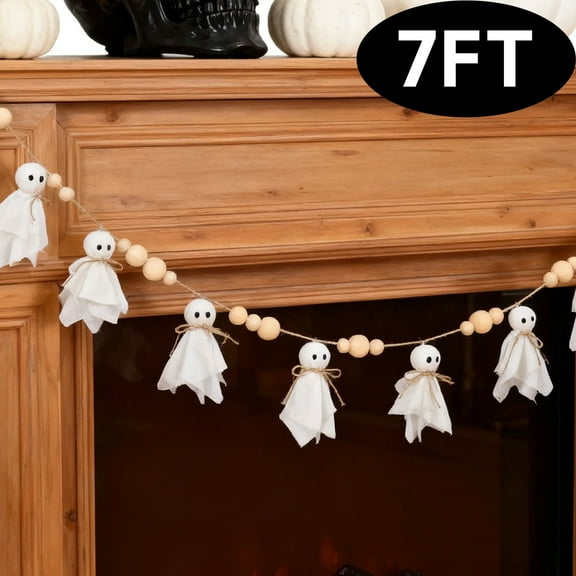 Halloween Garland Decorations Halloween Cute Ghost with Wooden Beads Garland Handmade Rustic Decor for Wall Home Indoor Outdoor 7 FT