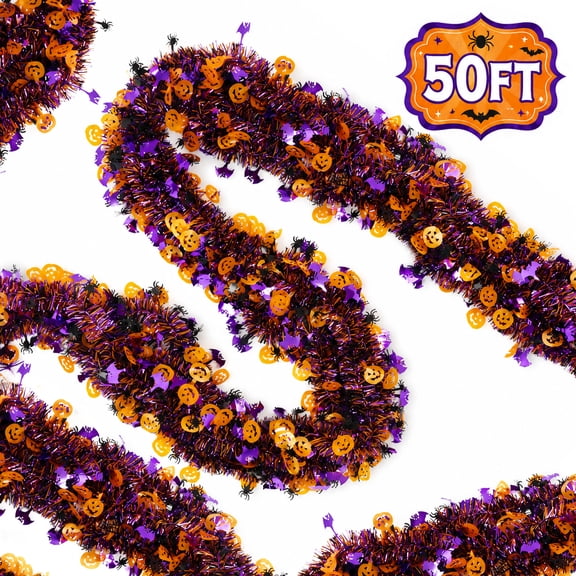 Halloween Garland Halloween Party Supplies Decorations Tinsel Garland Shiny Metallic Twist Garland with Pumpkin Spider Bat for Home Tree Indoor Outdoor 50 FT