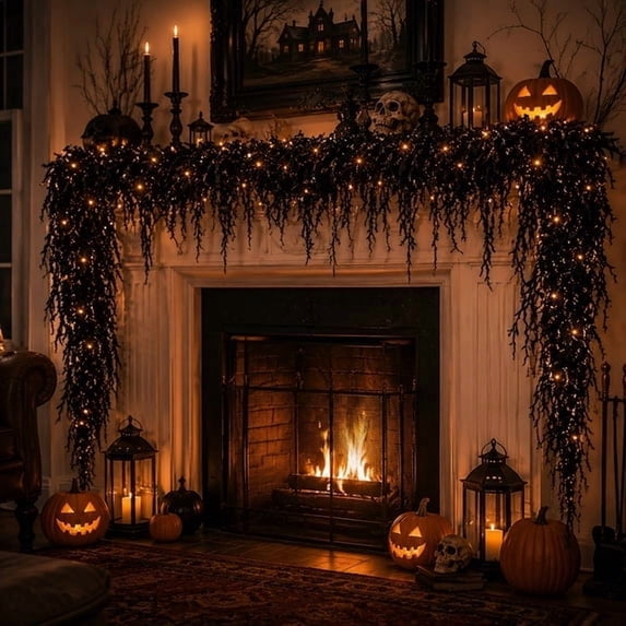 Halloween Garland with Lights, Black Halloween Garland for Mantle, 106 Inch Pre Lit Fireplace Garland, Indoor Halloween Decorations for Front Door, Wall, Halloween Home Decor,1Pcs