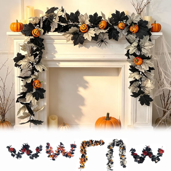 Halloween Garland for Outdoor and Indoor, Halloween Pumpkin Rattan, Maple Leaves and Pumpkin Garland for Seasonal Decor and Fall Celebrations, 175cm/68.9in