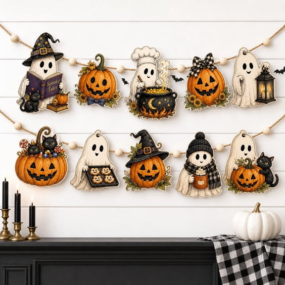 Halloween Garland Pumpkin Patch Scarecrow Witch Hat and Bat Wooden Wall Hanging Fall Home Decor