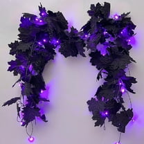 Halloween Garland with Purple Lights 5.7FT LED Black Artificial Maple Leaves Decor Thanksgiving Wedding Party Decor, Fall Garland Indoor Outdoor Mantle Porch Decor