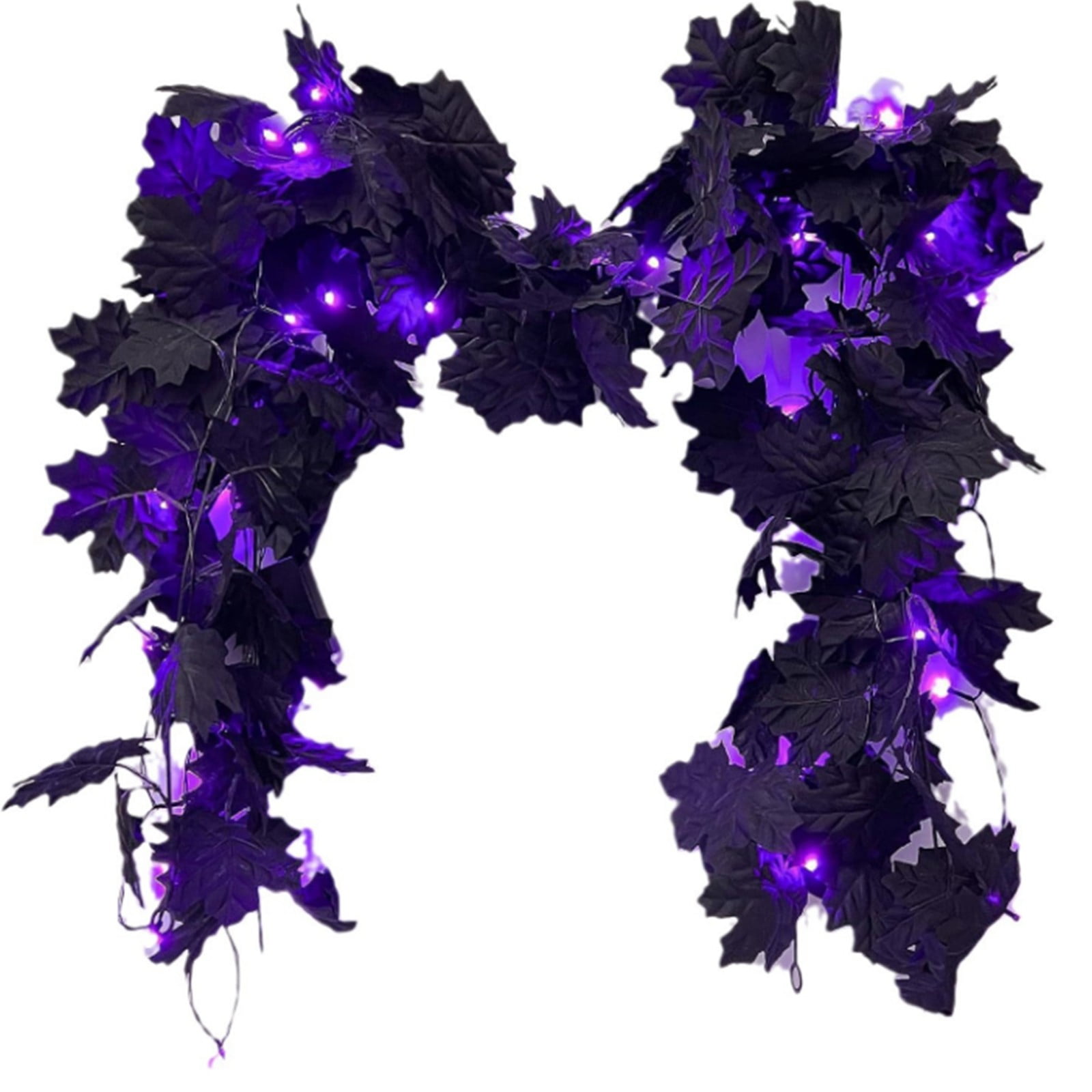 Halloween Garland with Purple Lights Black Leaf Garland Black Artificial Maple Leaves Decor Home Mantle Stairs Indoor, Fall Garland Decorations Hanging Wall Door Outdoor(Purple)