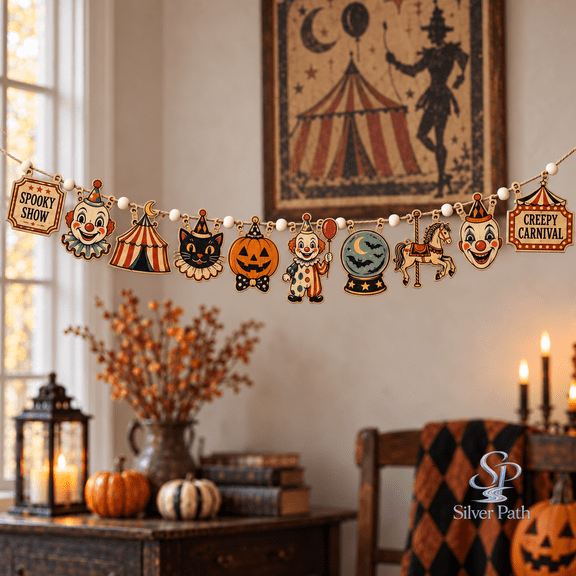 Halloween Ornament Wooden Garland, Retro Clown Pumpkin Cat Wooden Mantel Hanging for Spooky Party Decor