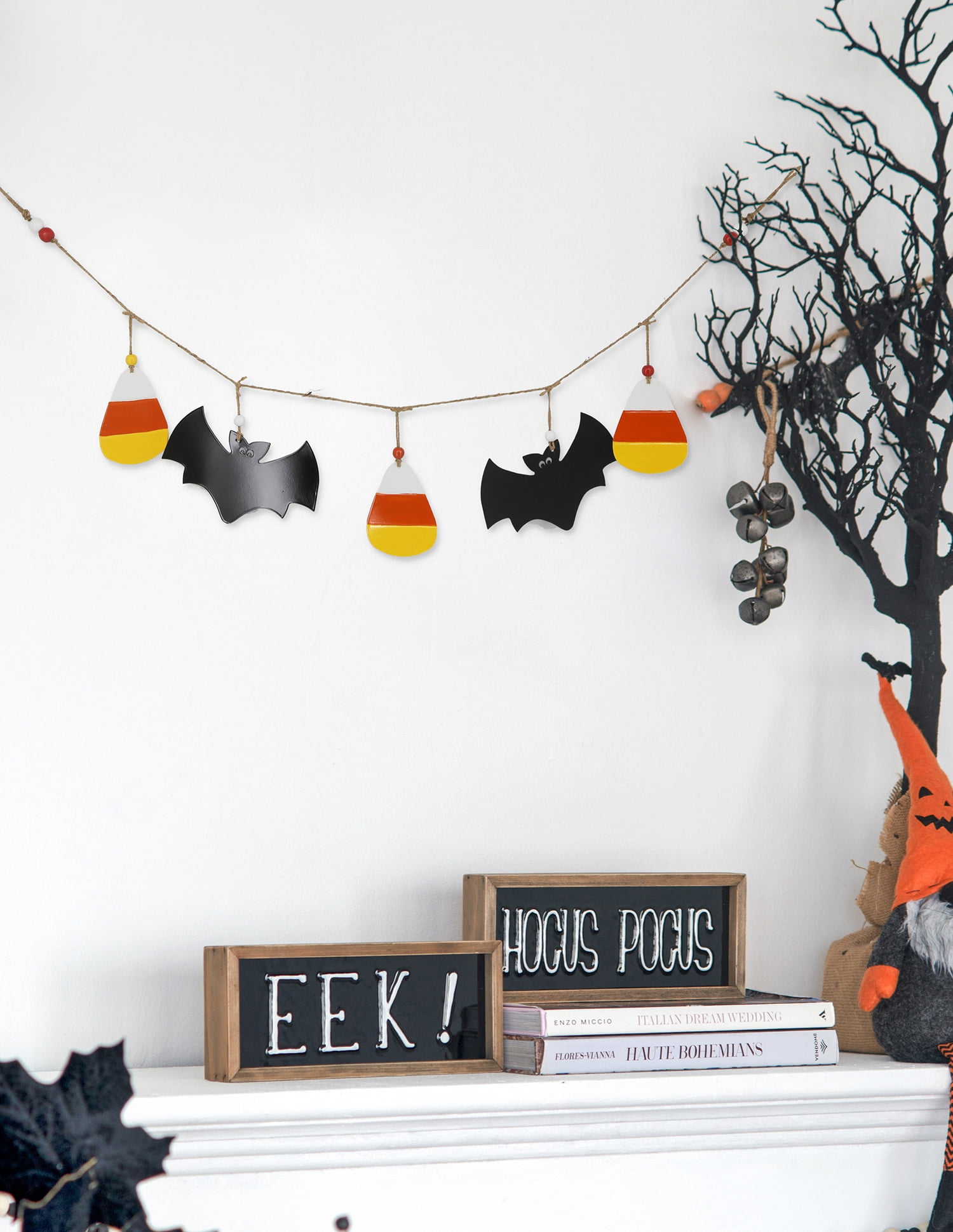Halloween Garland Set of 2 47.5x7 Inch Bat Cutouts Iron Jute Fir Wood for Holiday Wall Decor Mantle