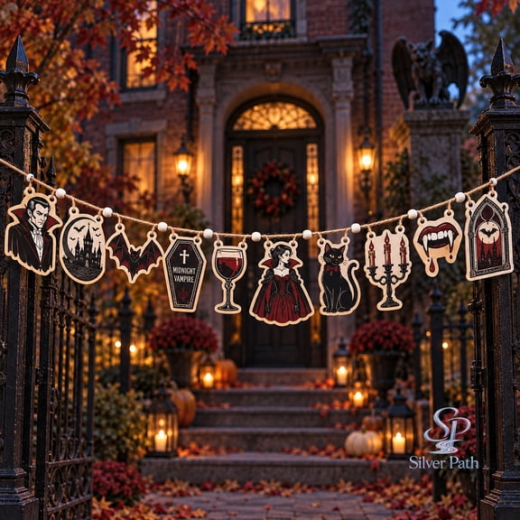 Halloween Ornament Wooden Garland, Vampire Gothic Bat, Wooden Hanging Bunting for Parties