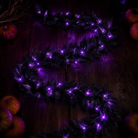 Halloween Garland Vine Decorations, 9Ft Glitter Imitation Purple LED Rattan Garland Decor for Tree Car Golf Cart Parade Float Indoor Outdoor Ghost House