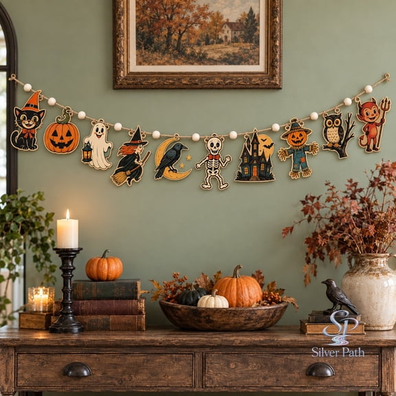 Halloween Ornament Wooden Garland, Vintage Spooky Wooden Mantel Hanging for Seasonal Decorating