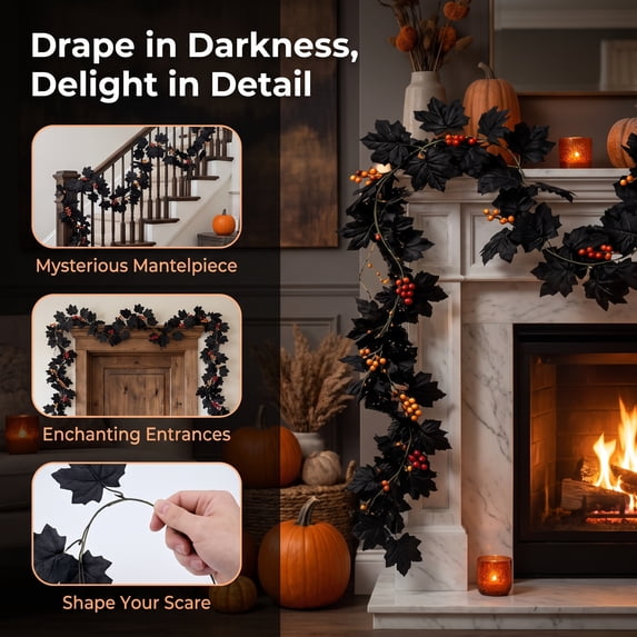 Halloween Garland with Lights Black Maple Leaf Plastic Battery Operated & Flexible for Fireplace Tabletop Entryway Window Halloween Decor by MPOISVA