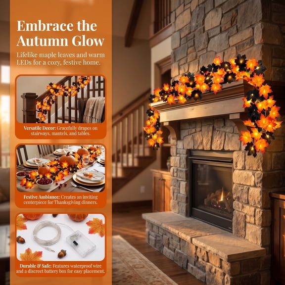 Halloween Garland with Lights Black Orange Maple Leaf Plastic Spooky & Flexible for Mantel Doorframe Staircase Halloween Decor by MPOISVA