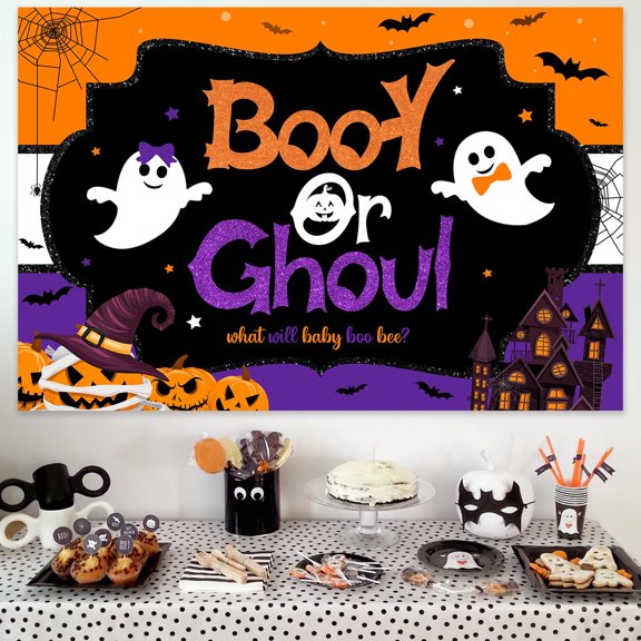 Halloween Gender Reveal Backdrop Orange and Black Party Background Cloth for Photo Booth Baby Shower 150x100cm Polyester Cloth with Corner Grommets and 6ft Black Ribbon for Indoor Celebration