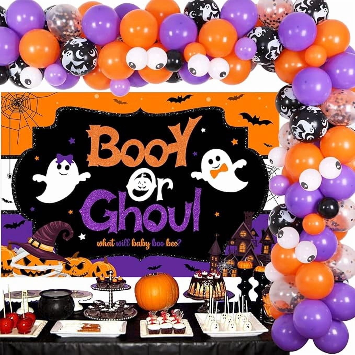 Halloween Gender Reveal Decorations - Booy or Ghoul Backdrop, Orange Purple Black Balloon Garland Arch, Boy or Girl, He or She What Will Baby Boo Bee, Ghost Gender Reveal Baby Shower Decorations