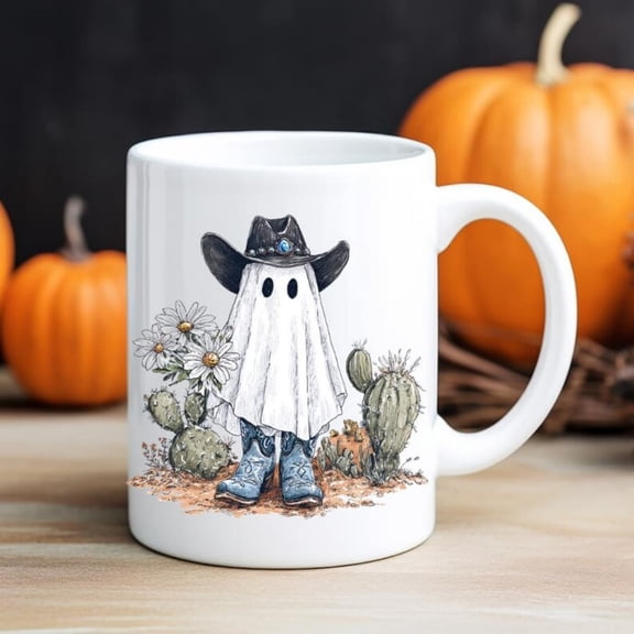 Halloween Ghosowboy Boo Mug, Spooky Western Coffee Cup, Cute Desert Theme Tea Mug, Unique Coworker Gift, Line Dancing Mug