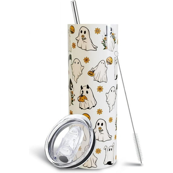 Halloween Ghost 20oz Skinny Tumbler With Handle and Straw, Cute Spooky Stainless Steel Insulated Cup, Holiday Gifts for Women Girls