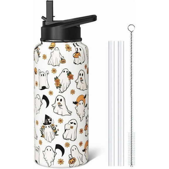 Halloween Ghost 32oz Water Bottles with Flip Straw & Spout Lid, Cute Spooky Stainless Steel Travel Sport Water Bottle, Holiday Gifts for Women Men (1 PC)