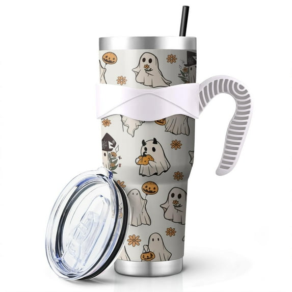 Halloween Ghost 40 Oz Tumbler With Handle and Straw, Cute Flower Spooky Stainless Steel Double Walled Vacuum Insulated Cup, Holiday Gifts for Women Men