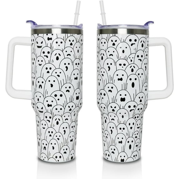 Halloween Ghost 40 Oz Tumbler With Handle and Straw, Stainless Steel Double Walled Vacuum Insulated Cup, Spooky Holiday Gifts for Women Men