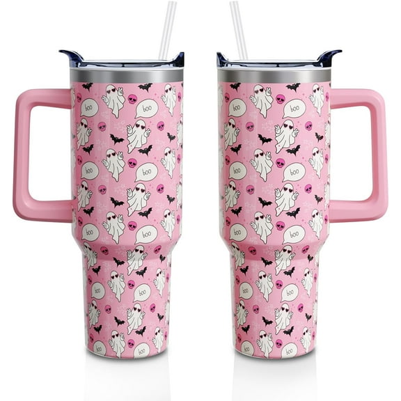 Halloween Ghost 40oz Stainless Steel Tumbler, Insulated Water Bottle with Handle & Straw - Leak-Proof Pastel Holiday Gift for Women & Girls