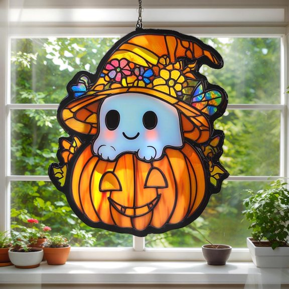 Halloween Ghost Acrylic Suncatcher - Faux Stained Glass Pumpkin Witch Window Hanging, Cute Fall Decor, Autumn Gift For Kids Or Her
