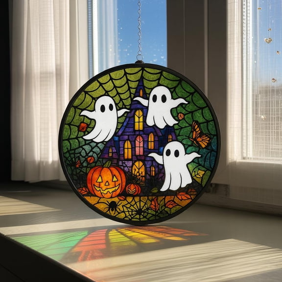 Halloween Ghost Acrylic Suncatcher, Haunted House Window Hanging, Spooky Home Decor, Faux Stained Glass Halloween Decor, Halloween Ornament