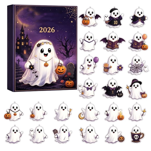Halloween Ghost Advent Calendar 2026 24 Days Cute Acrylic Ghost Hanging Ornaments Cartoon Ghost Pendant Decorations for Halloween Tree Party Supplies Holiday Surprise Blind Box Gift