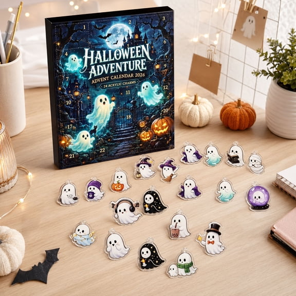 Halloween Ghost Advent Calendar Blind Box with 24 2D Acrylic Charms,Spooky Fall Countdown Surprise Box, Cute Ghost DIY Pendant Making Holiday Gift Set