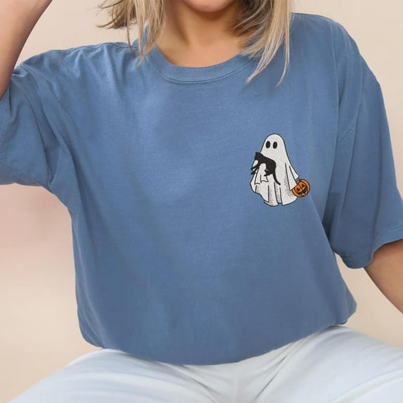 Halloween Ghost And Black Cat Embroidered Sweatshirt