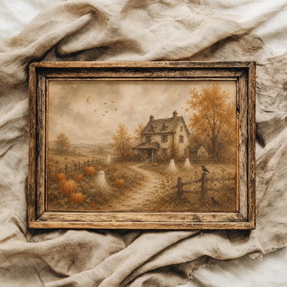 Halloween Ghost And Pumpkin Patch Fall Hosting Spooky Wall Art Vintage Artwork
