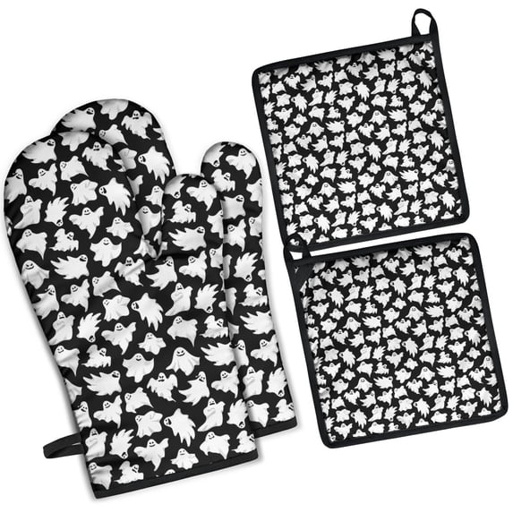 Halloween Ghost Army Pattern Kitchen Oven Mitt and Pot Holder Sets 4 Pcs for Baking, Cooking and Grilling, Heat Resistant Up To 392 °F