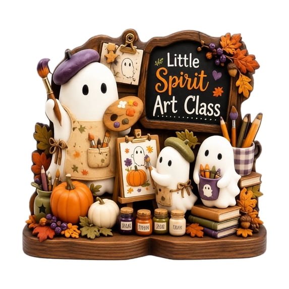 Halloween Ghost Art Studio Wooden Tabletop Decor, Fall Artist Ghost Tiered Tray Sign, Halloween Indoor Farmhouse Ornament with Painting & Pumpkin Accents
