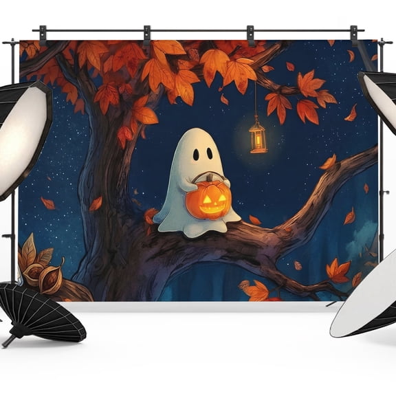 Halloween Ghost Backdrops for Photography, Orange Pumpkin Rustic Spooky Tree Leaf Fabric Photo Background Sturdy Studio Props for Photo Studio, Video Recording, Booth & Photoshoot 7x5ft