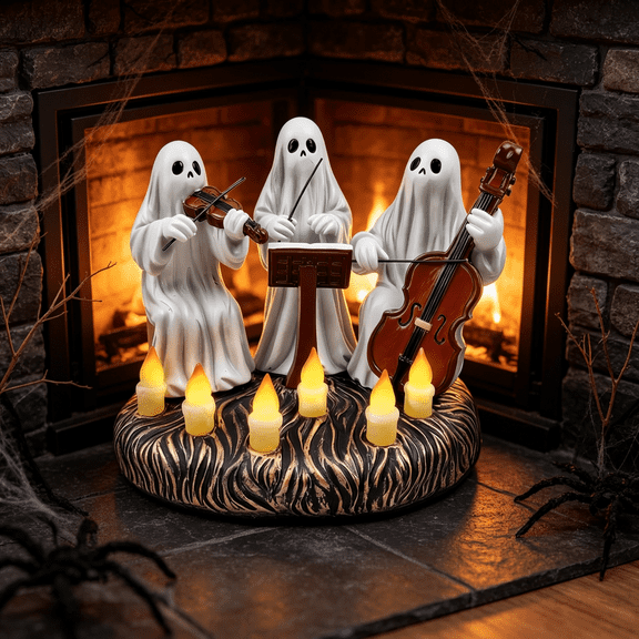 Halloween Ghost Band Candle Figurine 6.7in Lighted Musical Ghost Trio Spooky Festive Resin Craft Piece for Party Offering
