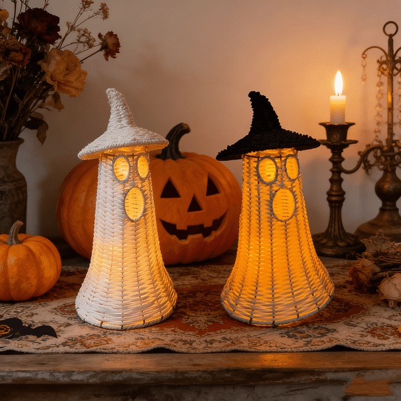 Halloween Ghost Basket Decor, 11.8 Inch Handmade Rattan Ghost Bin With White Witch Hat, Autumn Harvest Mantel Storage Vessel (White Witch Hat)