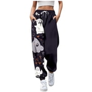 Halloween Ghost Bat Moon Joggers for Women Elastic Waist Drawstring Sweatpants Spooky Cute Fall Winter Casual Streetwear Outfits