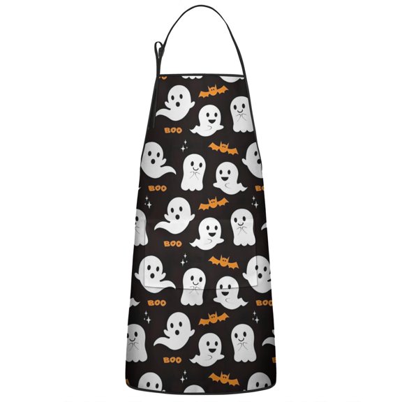 Halloween Ghost Bat Pattern Apron-Garden Aprons for Women with Pockets-Cotton Linen Waterproof Kitchen Cooking Gardening Aprons Adjustable for Kitchen,Cooking,BBQ and Salon 33"x27"