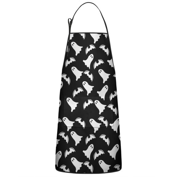 Halloween Ghost and Bat Silhouette Pattern Apron-Garden Aprons for Women with Pockets-Cotton Linen Waterproof Kitchen Cooking Gardening Aprons Adjustable for Kitchen,Cooking,BBQ and Salon 33"x27"