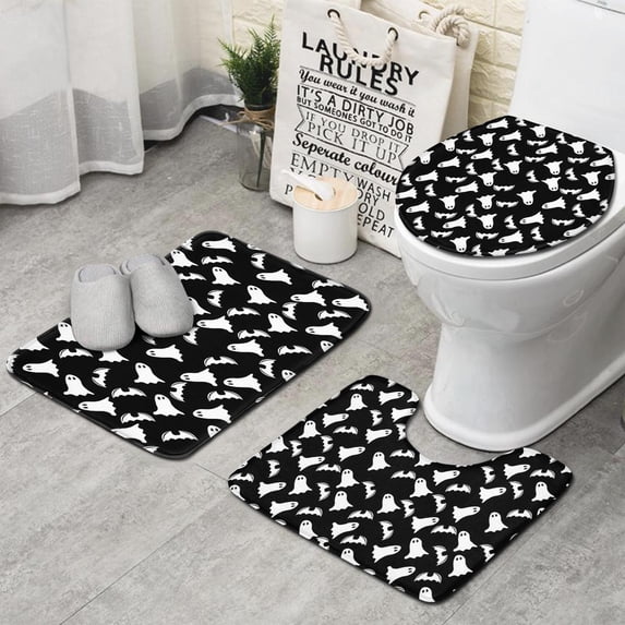 Halloween Ghost and Bat Silhouette Pattern Bathroom Rugs Sets 3 Piece,Toilet Cover Set,Absorbent Non Slip Bathroom Mats Sets with U-Shaped Contour Rug Toilet Rug Set