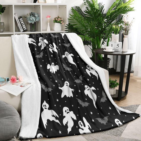 Halloween Ghost Bat Star Pattern Blanket,Comfortable Soft Flannel Throw Blanket,All Season,Warm Lightweight Blankets for Sofa Bed Couch Living Room Chair,50"x60"