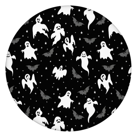 Black Halloween Ghosts Bats and Stars Round Fitted Tablecloth with Elastic Edge,Dining Table Cover Waterproof,Outdoor Round Tablecloth for Camping,Dining,Indoor and Outdoor