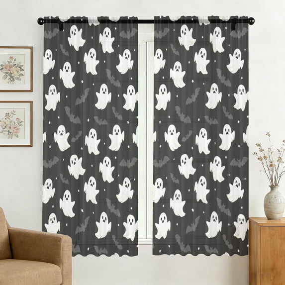 Halloween Ghost Bat Star Pattern Sheer Curtains, Voile Drapes with Dual ...